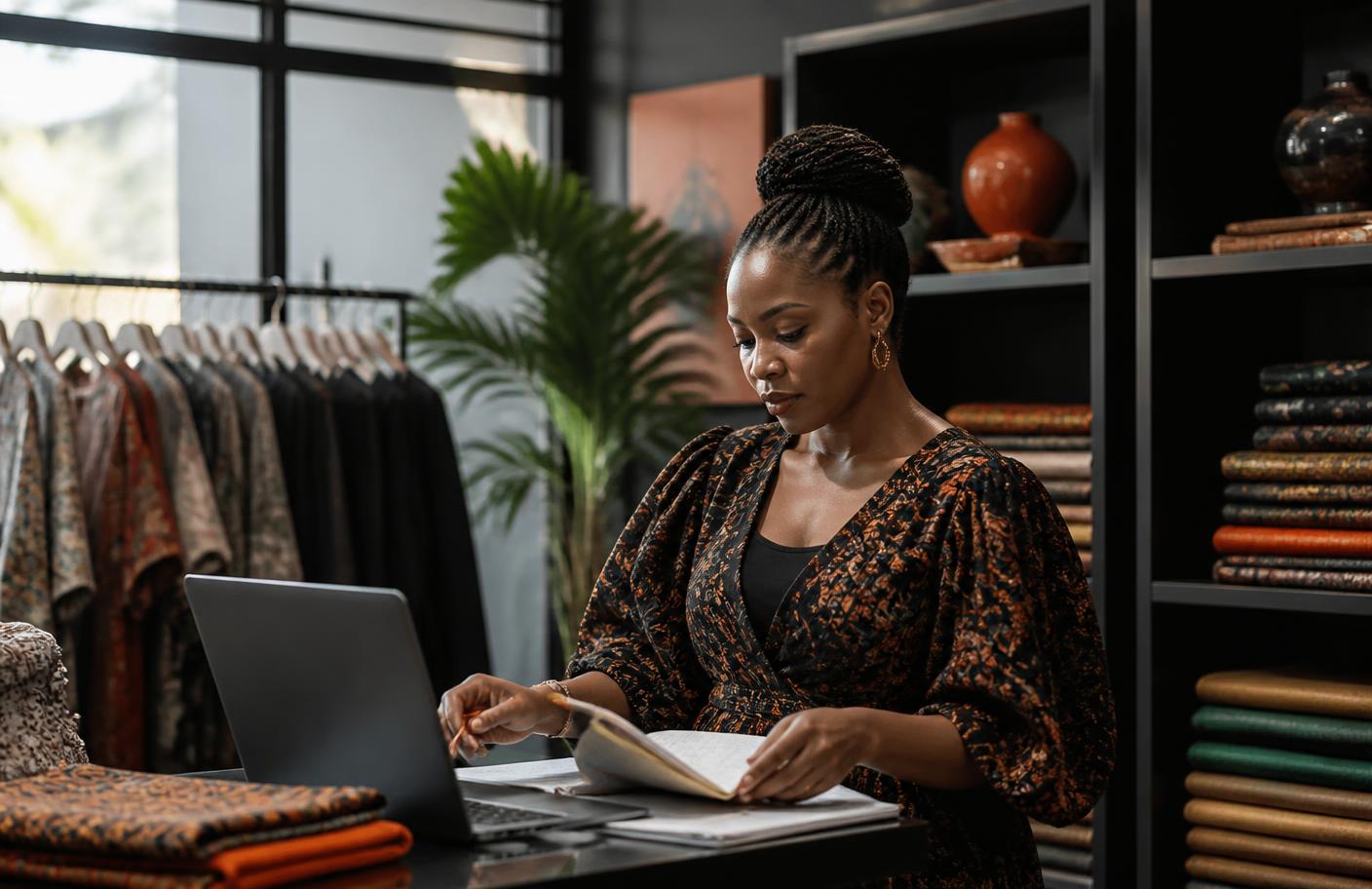 Nigerian fashion business owner reviewing inventory and cashflow in her Lagos boutique