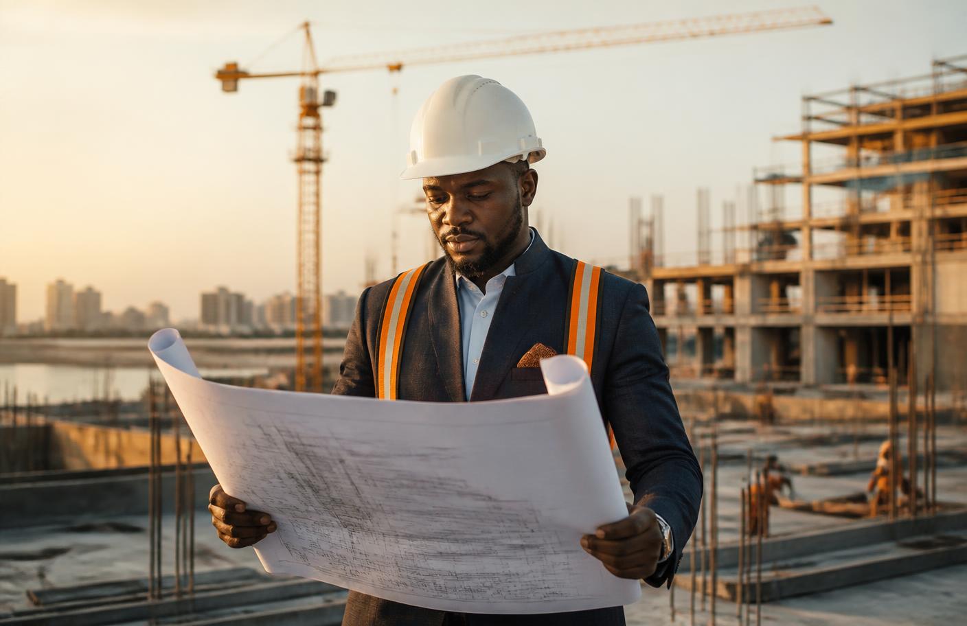 Nigerian contractor reviewing building plans at an active Lagos construction site