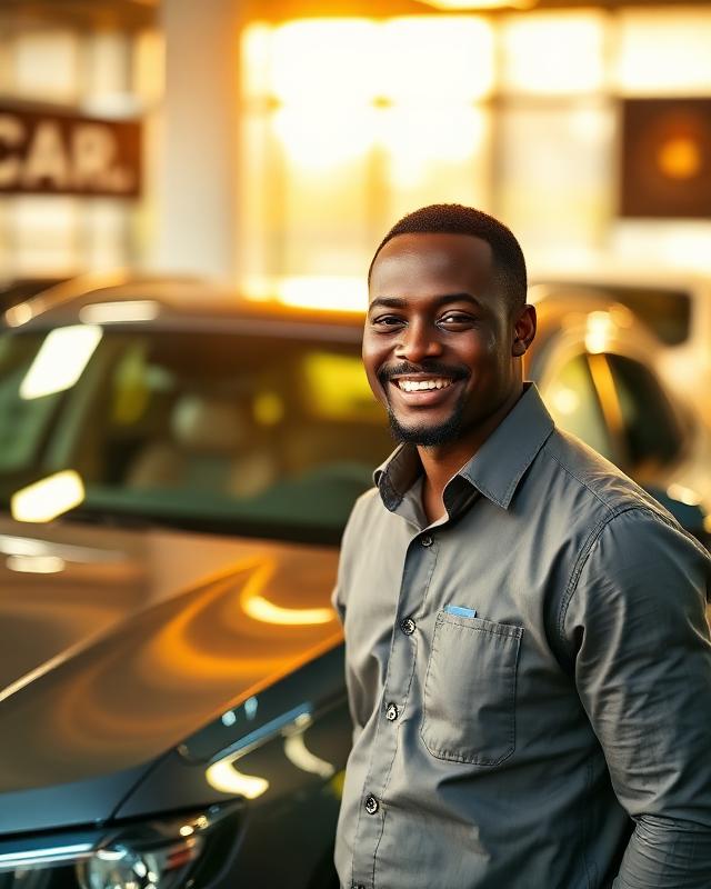 Nigerian car dealer beside a car in a showroom