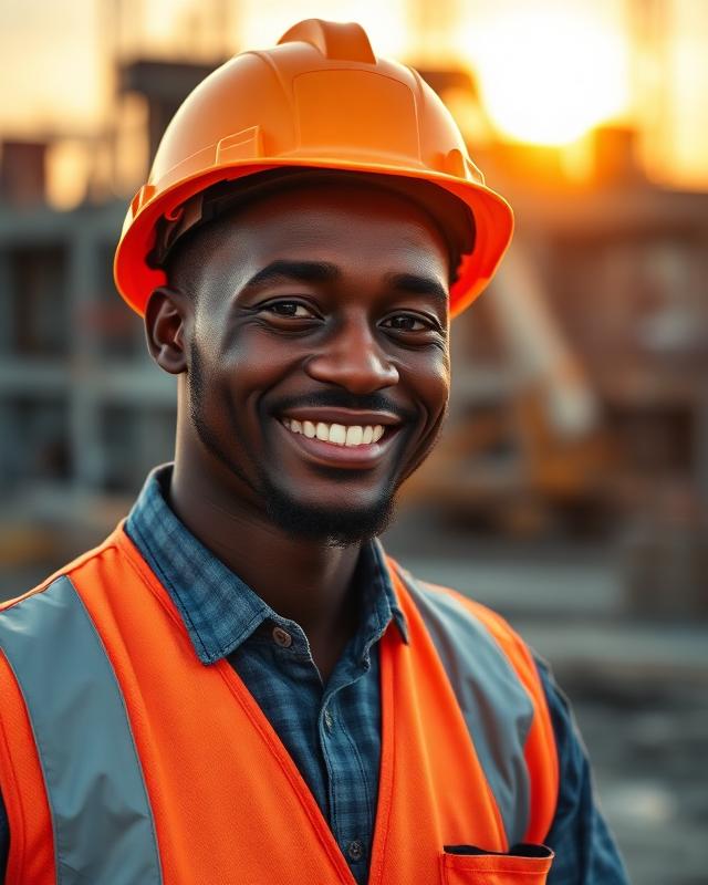 Nigerian engineer smiling on a construction site