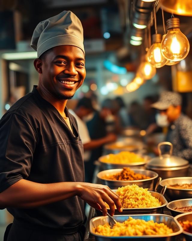 Nigerian food vendor serving jollof rice
