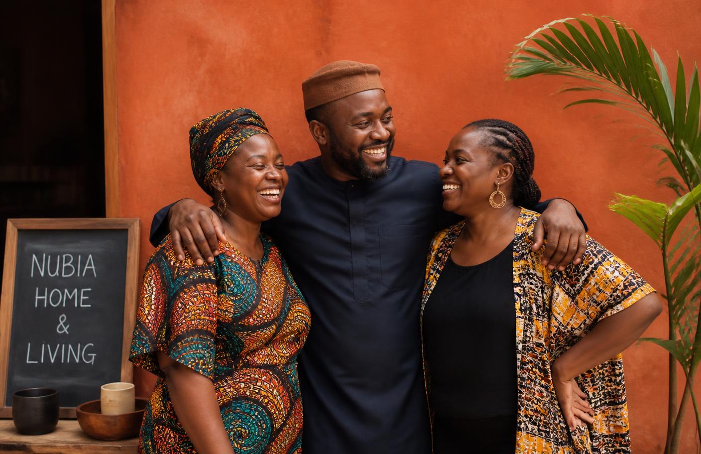 Happy Nigerian small business owners laughing together